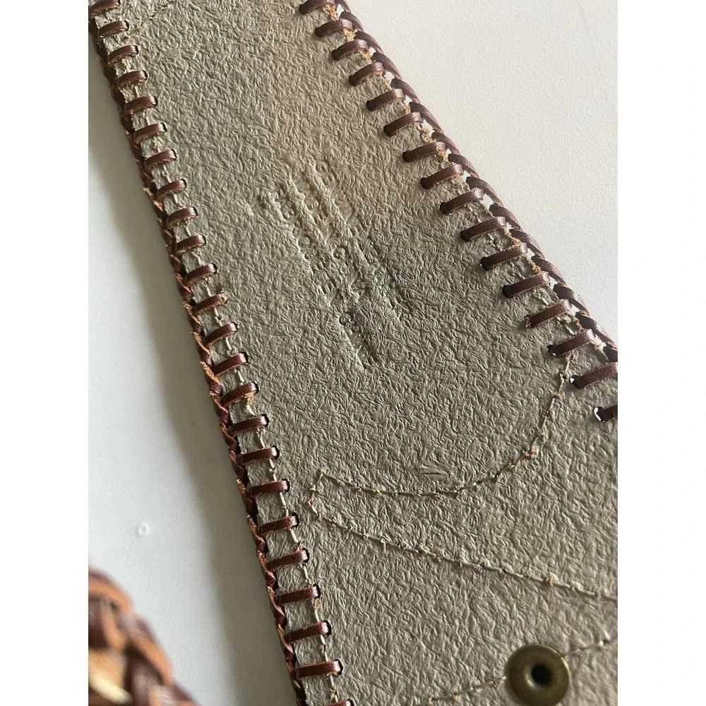 Vintage Hand Tooled Leather Inlay Belt Boho Western Whipstitch Brown Tan Medium
